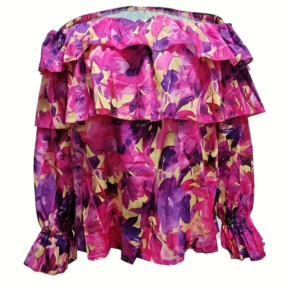 Bright Multicolor Off The Shoulder Tiered Ruffle Blouse - Picture 3 of 5